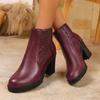 British Style Round Toe High Heel Short Boots for Women Back Zip PU Leather Autumn Winter Ankle Boots Botines Para Mujeres