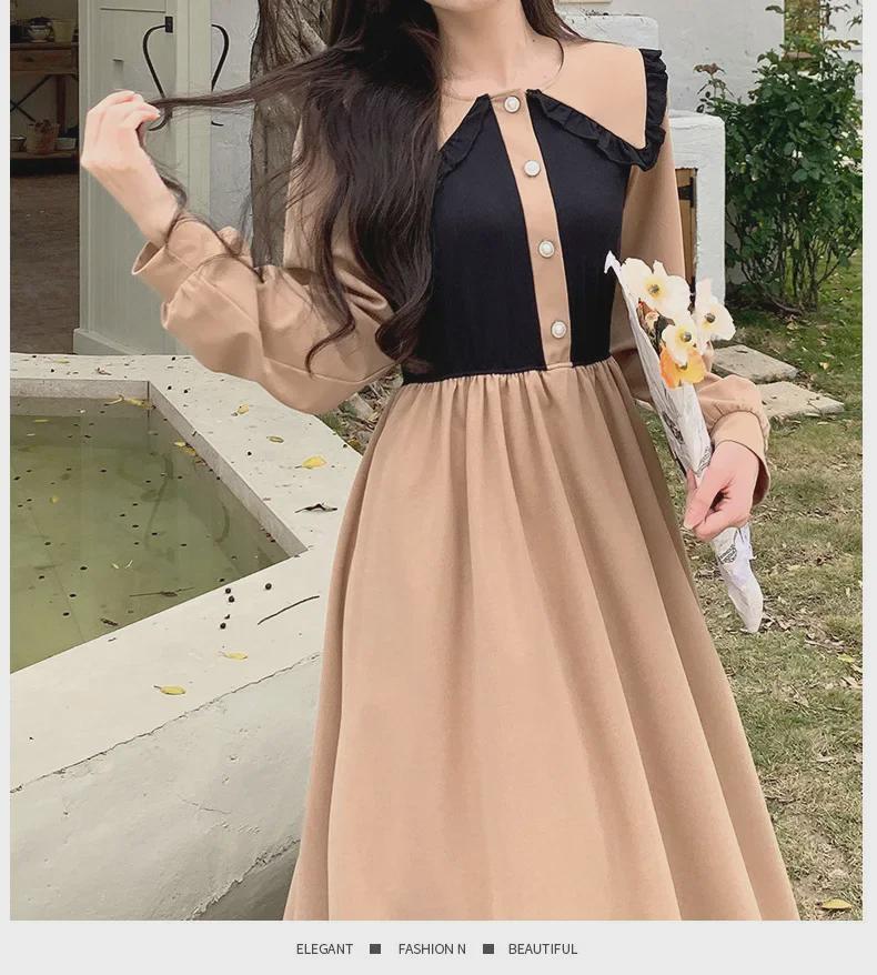 Korean Style Contrast Color Dress: Versatile, Fashionable, Comfortable Long Skirt for Spring & Autumn 2025