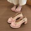 Small Floral Women's Summer Outer Wear Sandals Bow Dress Thick Heeled Sandals