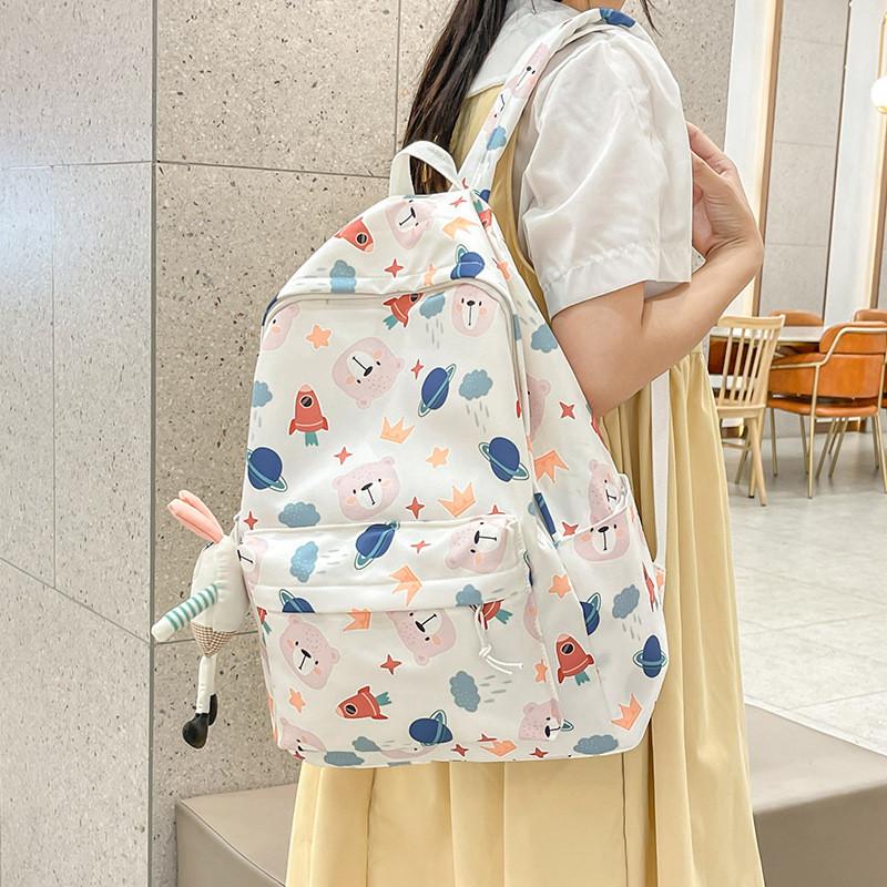 Cute Bear Cartoon Rocket Star Cloud Crown Print Student Backpack For School