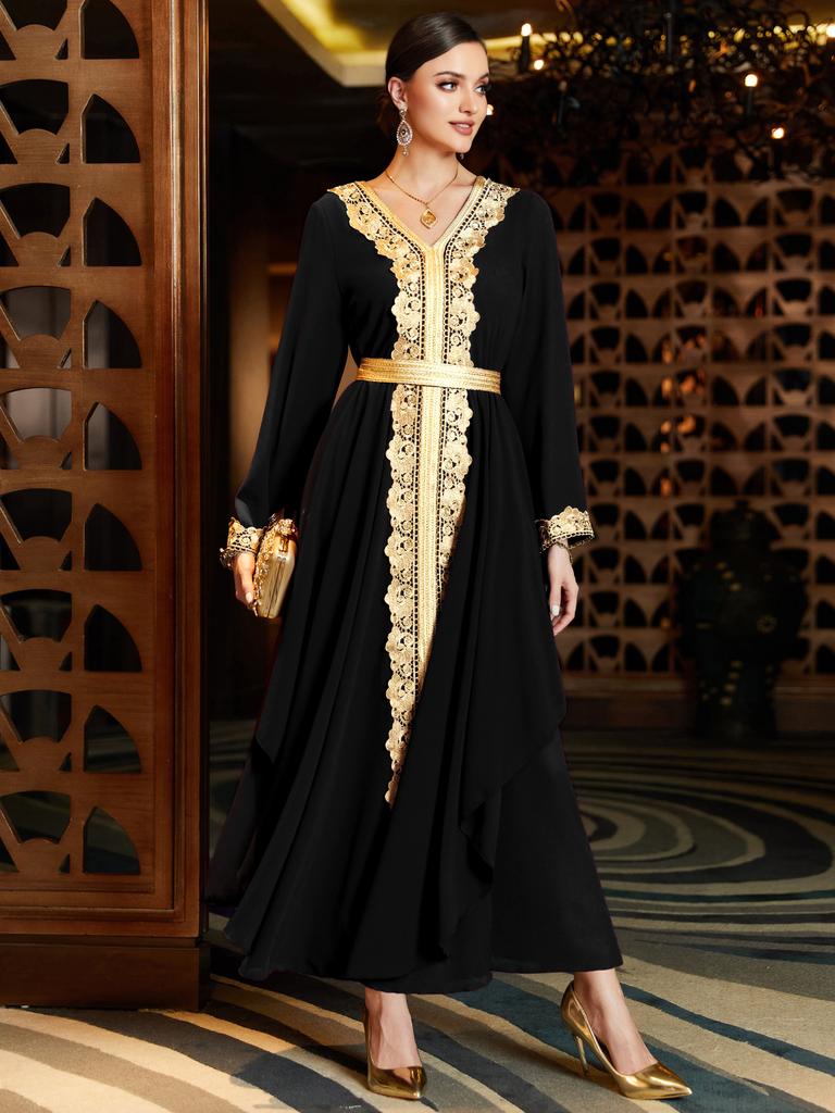 New V-neck Double-layer Chiffon Irregular Dress Stitching Lace Middle East Saudi Arabian Women's Clothing