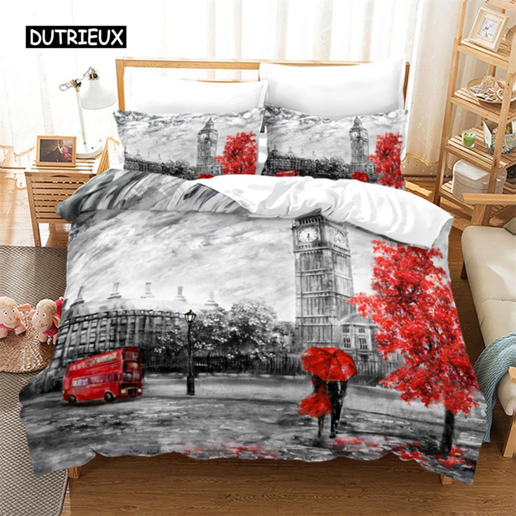 Duvet Cover Eiffel Tower Romantic Couple Flower King Comforter Cover Microfiber France Paris Cityscape Bedding Set for Teen