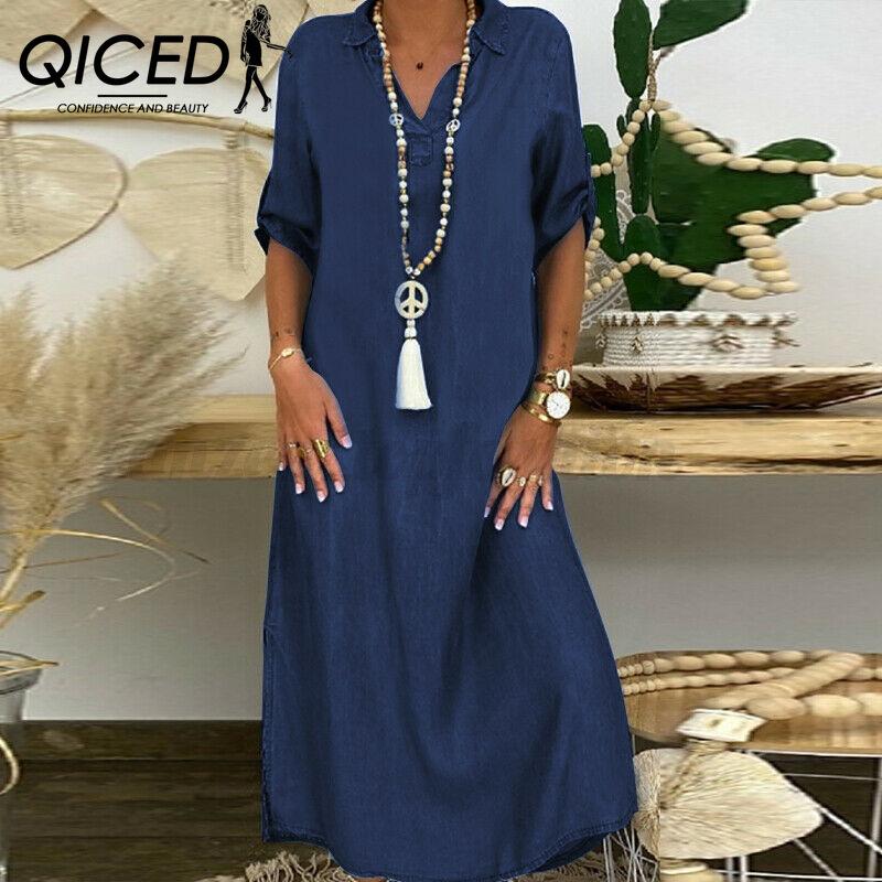 QICED Plus-size Women's Denim Dress Solid Color Plus-size Dress