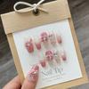 100% HANDMADE Fake Nail Set With Glue Summer Cute Pink Plaid Flashing Sweet Girl Bow Phototherapy Nails Reusable and Removable Nails