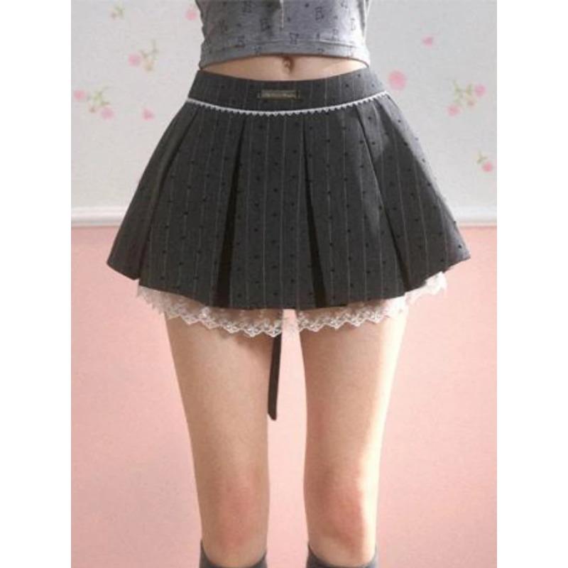 2024 New Gray Pleated Y2k Mini Skirt Women Summer Lace Patchwork Bow Fashion Skirt Lolita Style Striped Dot Print Cutecore Skirt