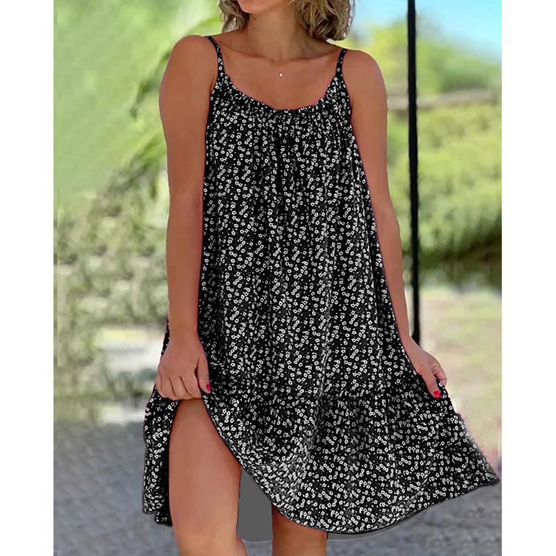 Women's Fashion Sling Dress Summer Casual Sleeveless Oversized Floral Printing Party Loose Dresses Female