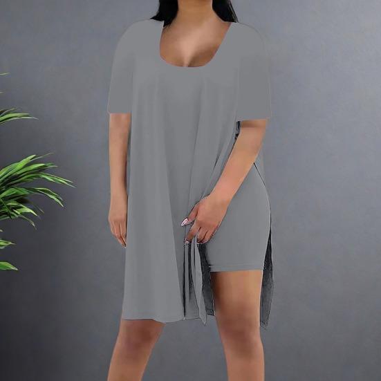 Women Plus Size 2 Piece Outfits Side Split Short Sleeve Tunic Tops And Skinny Biker Shorts Sets Summer Lounge Tracksuit