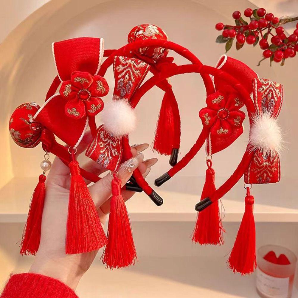 Tassel Hanfu Hair Bun Hair Hoop Plush Ball Red Hairband Simple Chinese New Year Headwear Children