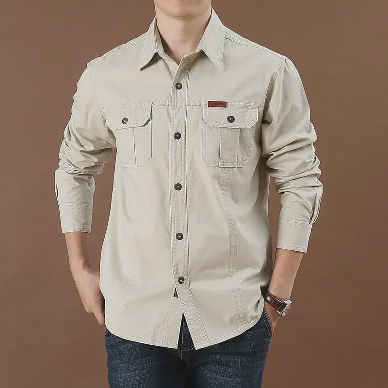 Men's Casual Loose-Fit Long-Sleeve Shirt - Solid Color, Large Size, Autumn Workwear with Pocket