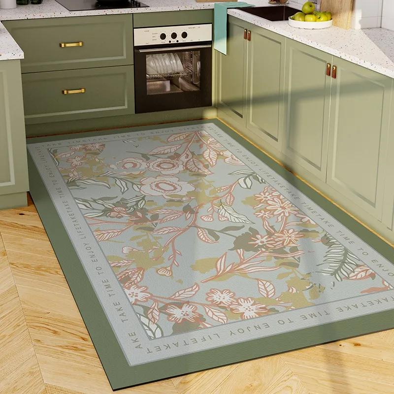 Rug for Kitchen Vinyl Carpet Pvc Waterproof Leather Floor Mat Large Pink Flower Floral Pastoral Style Home Decoration Rugs
