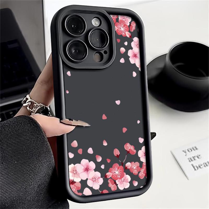 Soft TPU Silicone Phone Case For iPhone 15 16 14 Pro Max 11 12 13 Pro 16E XR 15 Plus Pink Peach Blossom Pattern Shockproof Cover