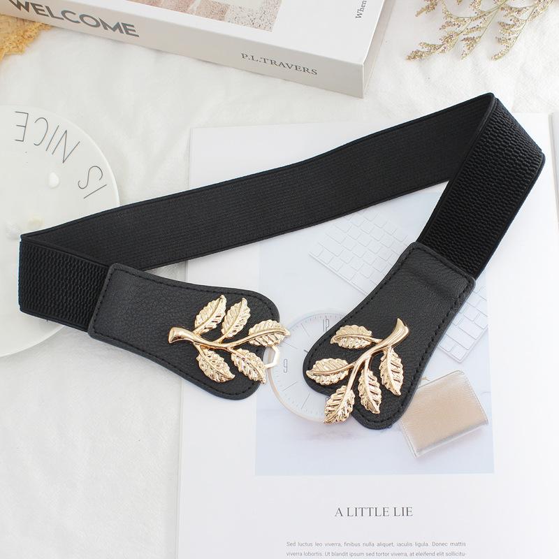 Gold Leaf Pair Buckle Elastic Belt Women'S Dress Decorative Fine Elastic Waist Seal Three Sizes