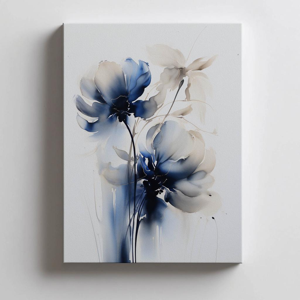 Blue Flowers In Watercolor Blue Flowers In Watercolor, 50X70 Cm, Dark Brown Wooden Frame, 230 Gsm Matte Paper