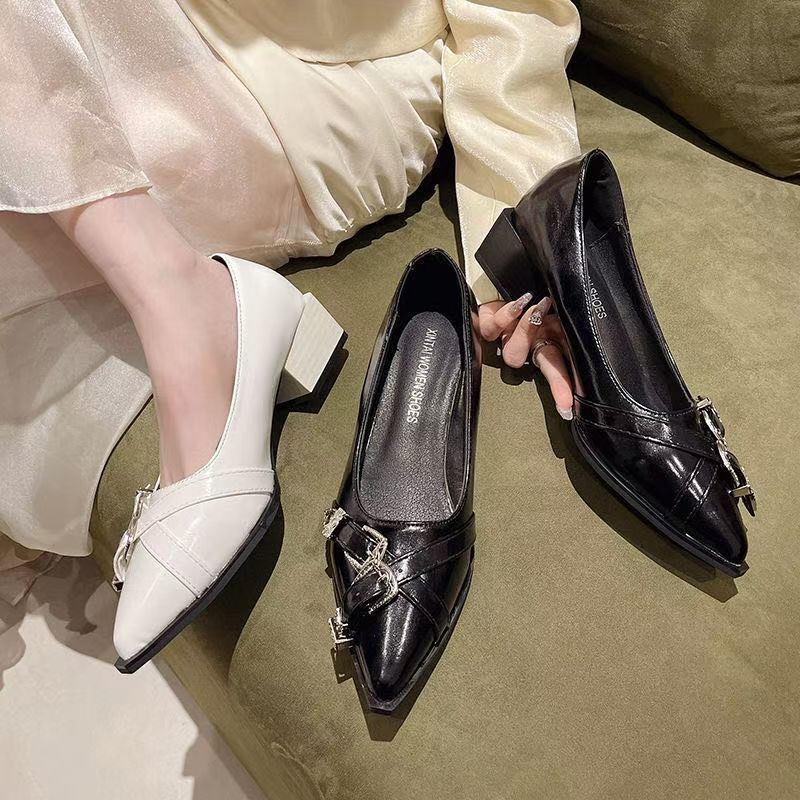 Pointed British Style Small Leather Shoes Women's 2025 New Thick Heel Black Solid Color High Heels Versatile Professional Temperament Single Shoes