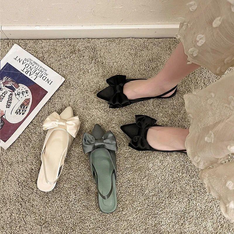 Footwear Pointed Toe Sandals for Women Closed Ladies Shoes Flat Rubber Summer 2024 No Heel Bow Green The Best Vip F On Offer H