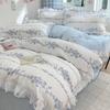 4pcs Korean Lace Duvet Cover Set (1*Duvet Cover +1 Flat Sheet + 2*Pillowcase, Without Core), Fresh Flower Print Bedding Set