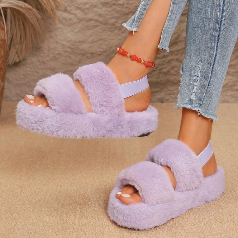 Fashion Plush Cotton Mopping Winter New Round Toe Open Toe One Strap Anti-slip Wear-resistant Platform Flats
