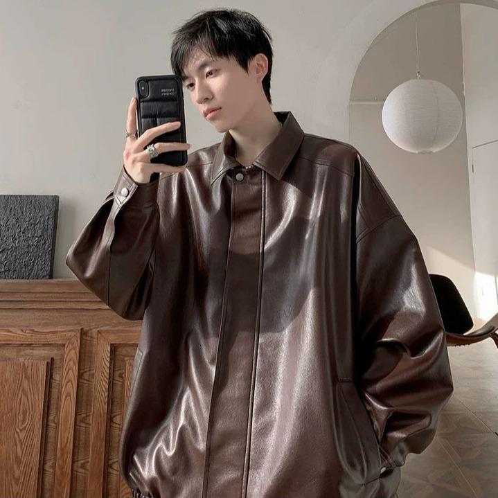 Men's Fashion Motorcycle Faux Leather Coat Loose Vintage  Jackets Pilot Jacket