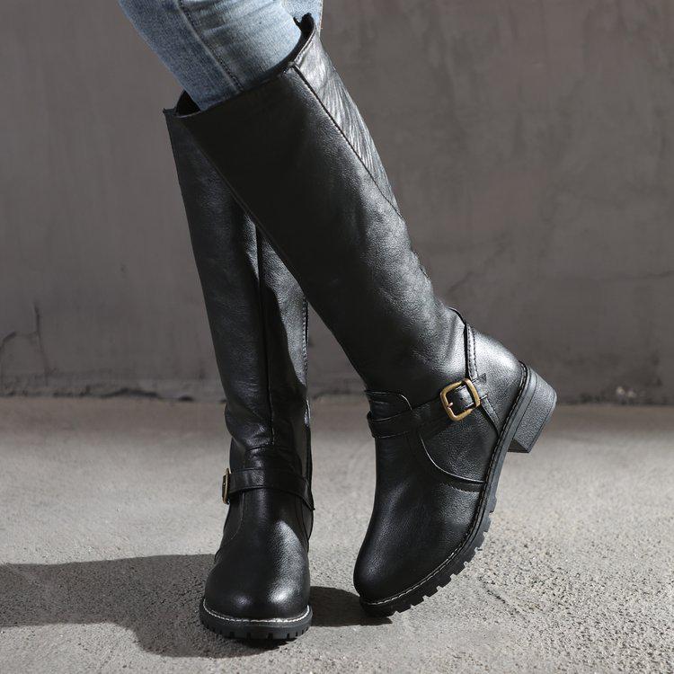 Women Knee High Boots Fashion Low Heels Square Platform Long Brown Black Leather Zip Winter Women Warm Shoes Booties