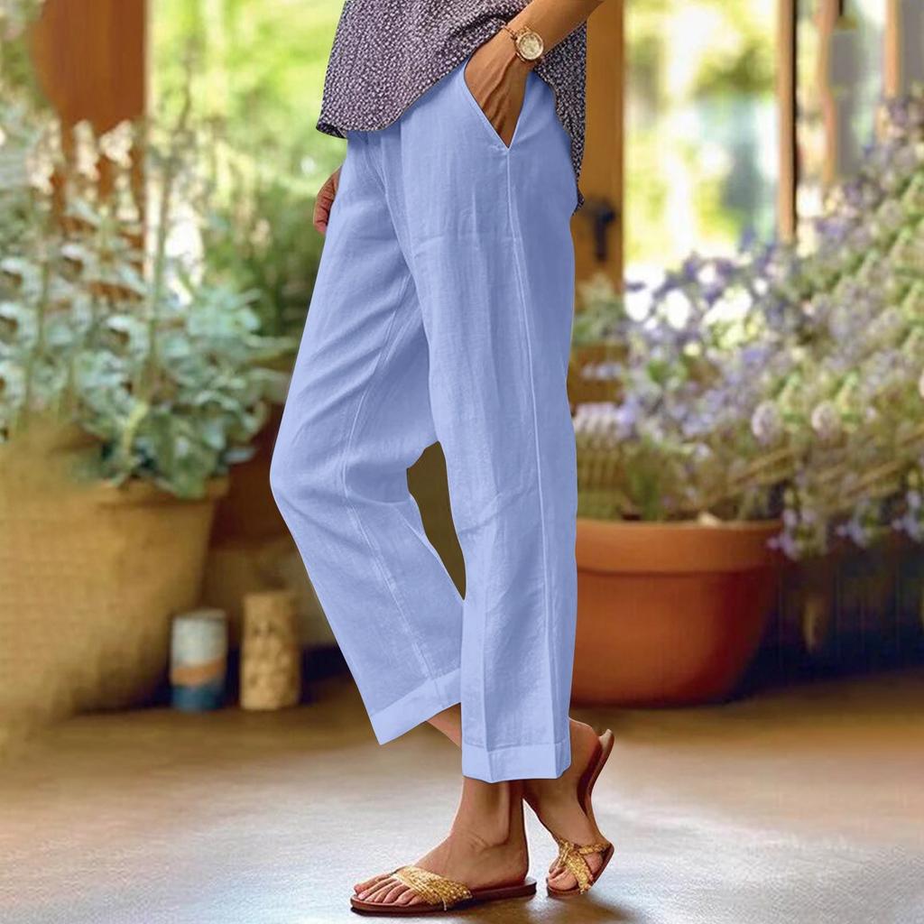 Women's Fashion Solid Color Loose Elastic Waist Straight Pocket Casual Pants