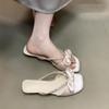 Cool Slippers Female Bow Rhinestone Strap Sweet Gentle Square Head Drag