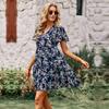 Floral Dress Women Spring Autumn V Neck Short Sleeve Loose Chic Printed S-XL
