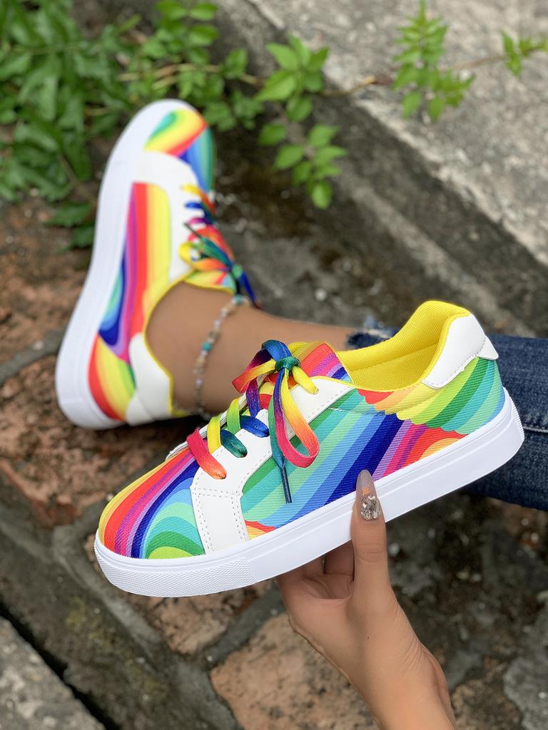 2023 Autumn New Street Rainbow Fashion Casual Trendy Shoes Autumn Color Gradient Women's Sports Single Shoes