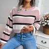 Women Fall Winter O Neck Long Sleeve Striped Crop Loose Knit Sweater S-L