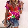 Women's Top Summer New Fashion Rose Flower Gorgeous Flowers Printed Casual Zipper V-neck Short Sleeve Top