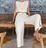 Spring Summer Women Holiday Linen Pant Set Crop Tops Solid Outfits 2 Two Piece Matching Set for Women