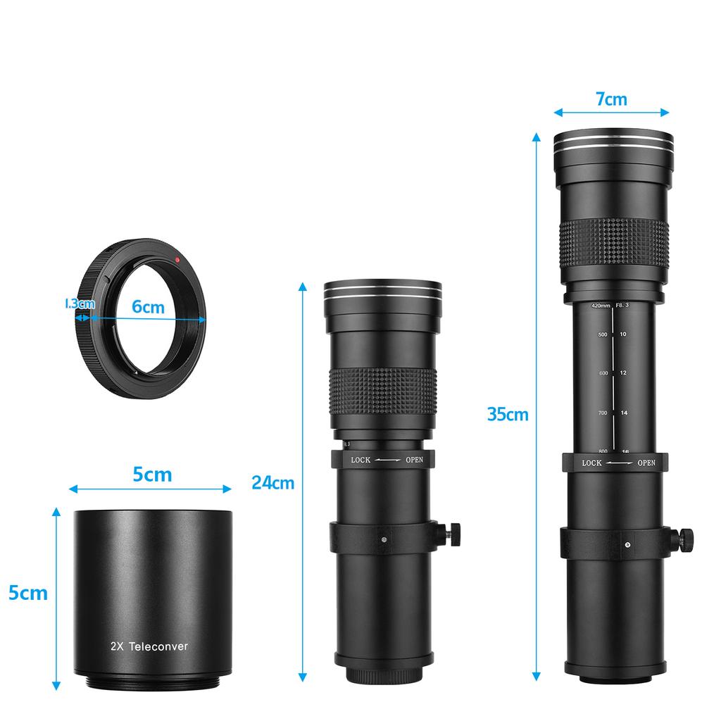Camera MF Super Telephoto Zoom Lens F/8.3-16 420-800mm T Mount + UV/CPL/FLD Filters Set +2X