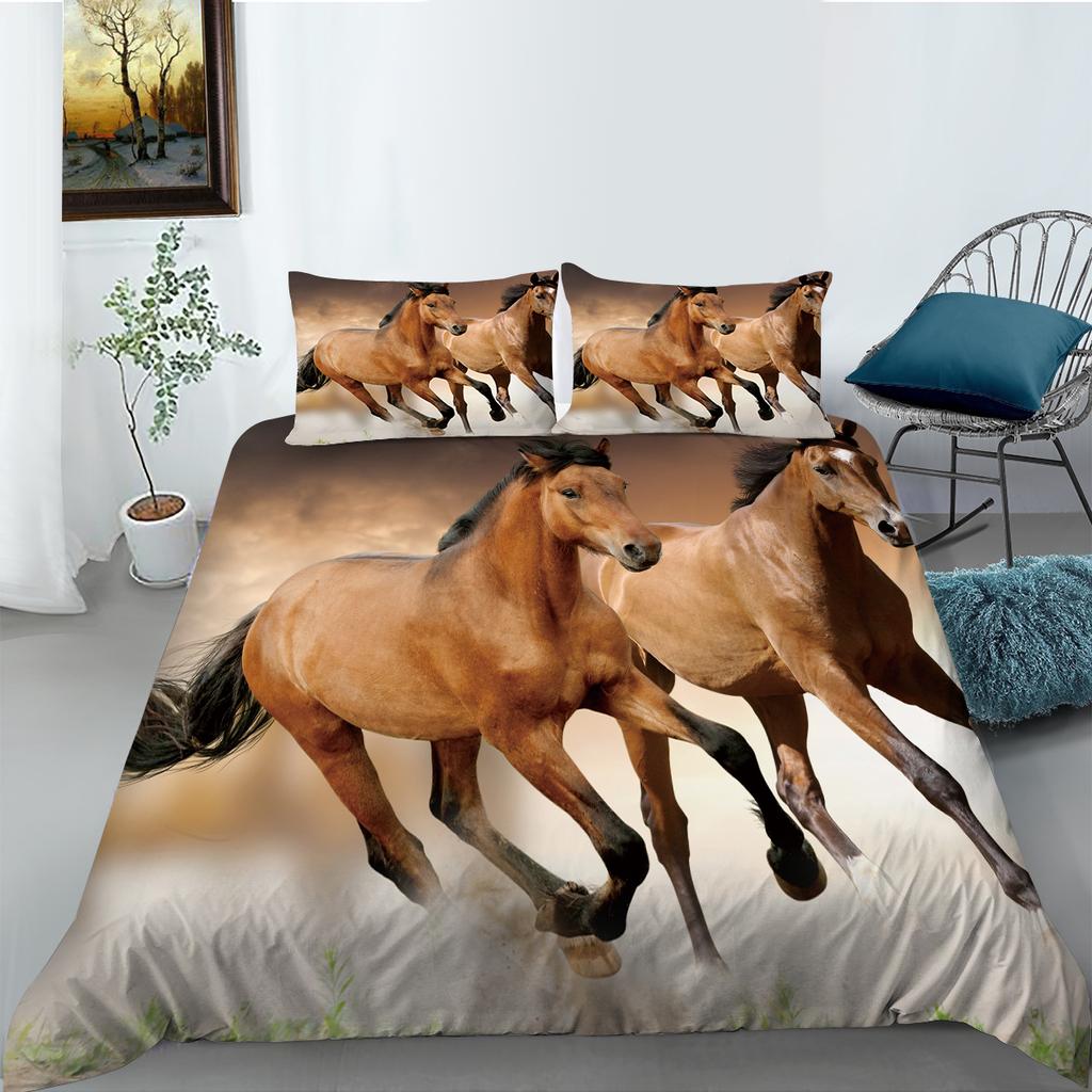3D Horse Pattern Bedding Single Double Bed Full Size Animal Print Pillowcase and Quilt Cover Microfiber Washable Home Decoration