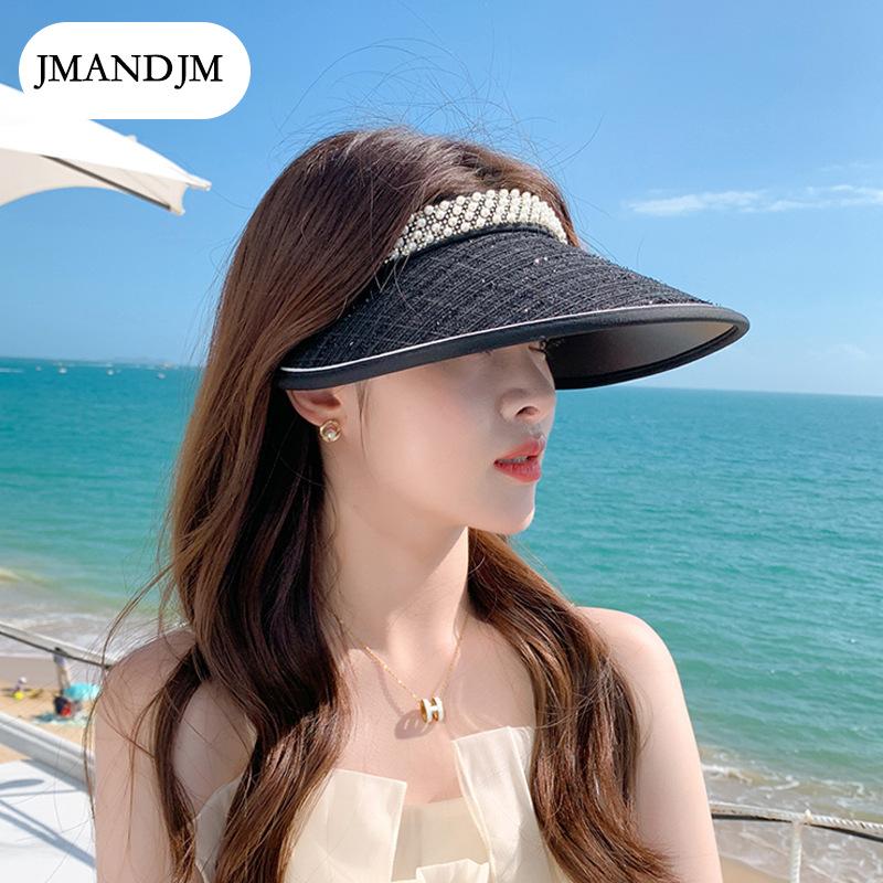 Summer Sunscreen Sunshade Empty Top Hat Korean Version Versatile Pearl Hat Women's Vinyl Big Eaves Headband Sun Hat