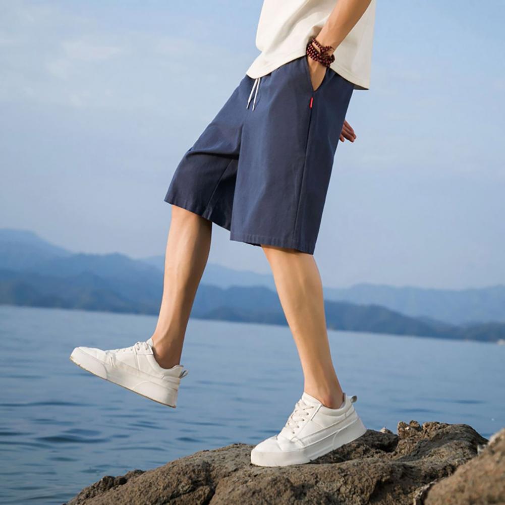 Men Summer Shorts Elastic Waist Adjustable Drawstring Casual Shorts Wide Leg Solid Color Athletic Shorts