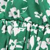 Women Summer Green Floral Print Pleated Dress Short Sleeve O Neck Lace Up