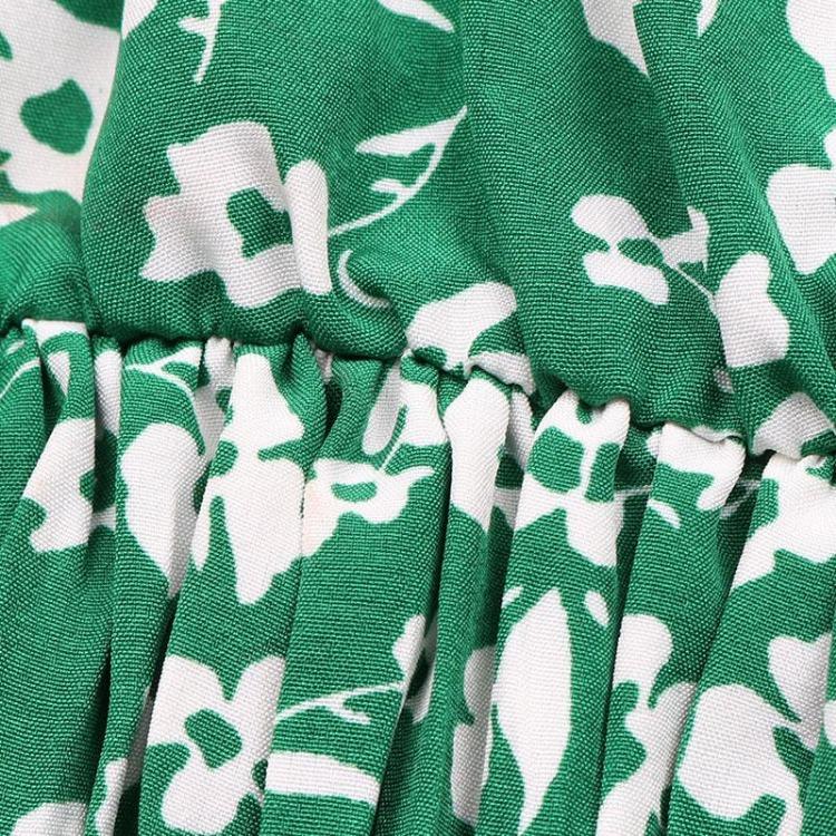 Women Summer Green Floral Print Pleated Dress Short Sleeve O Neck Lace Up