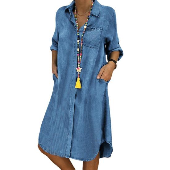 Women Dress Elegent Beauty Lady Dress Collar Splicing Summer Midi Long Lady Pocket Button Denim Loose Lapel Dress
