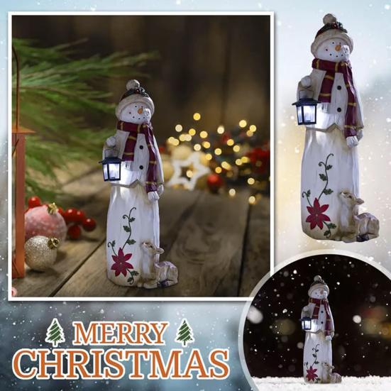 Christmas Snowman Figurine with Lantern Resin Snowman Statue Art Decor Outdoor Christmas Snowman Door Greeter for Yard Garden Decor
