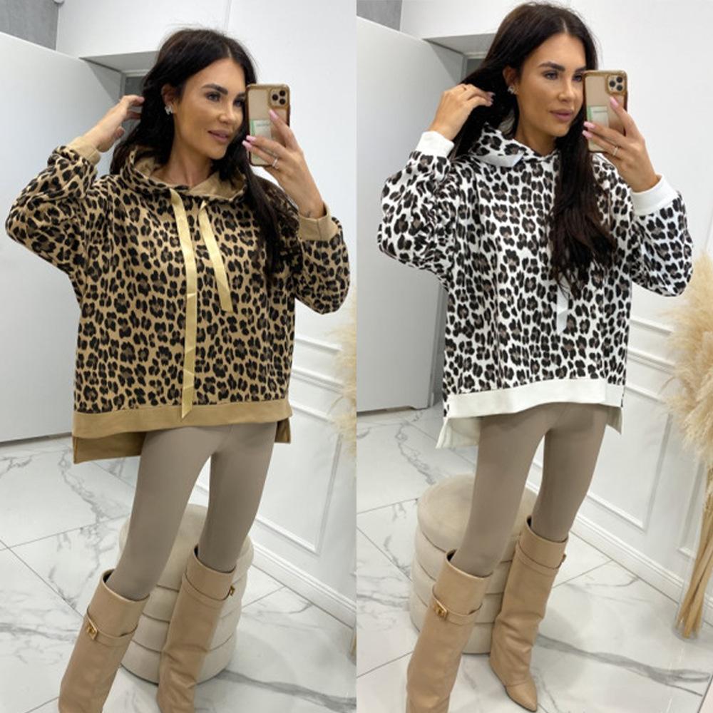 Women's New Spring and Autumn Sweater Long-sleeved Hooded Loose Leopard Print Top