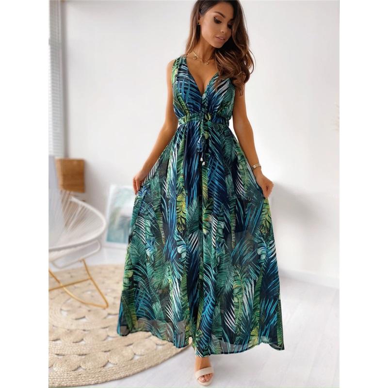 European And American Style Ladies Summer New Printed Halter Strap Dress V-neck Sleeveless Beach Vacation Casual Sun Skirt