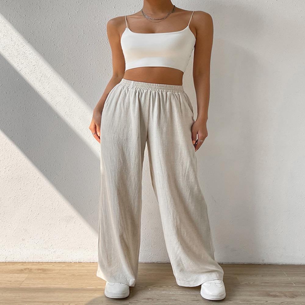 Straight-leg Trousers, Loose-fitting Home Casual Trousers, Mid-rise Solid Color Wide-leg Trousers
