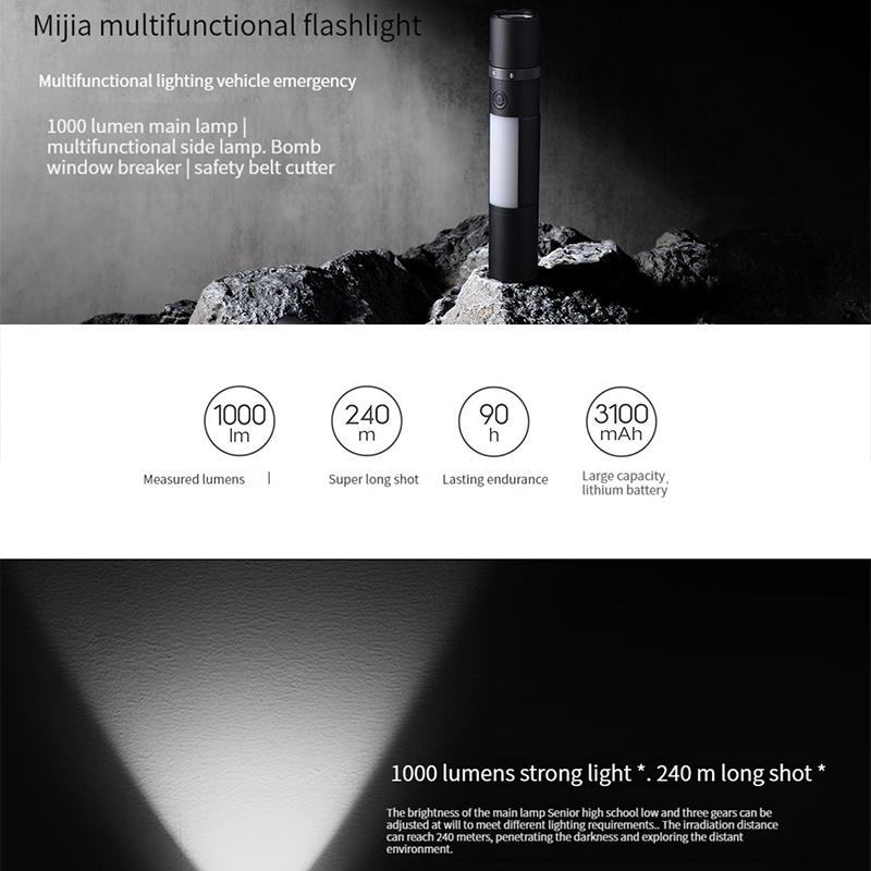 Xiaomi Mijia Multi-functional LED Flashlight Zoomable Ultra Bright Torch Window Breaker Safety Belt Cutter Car Emergency Light