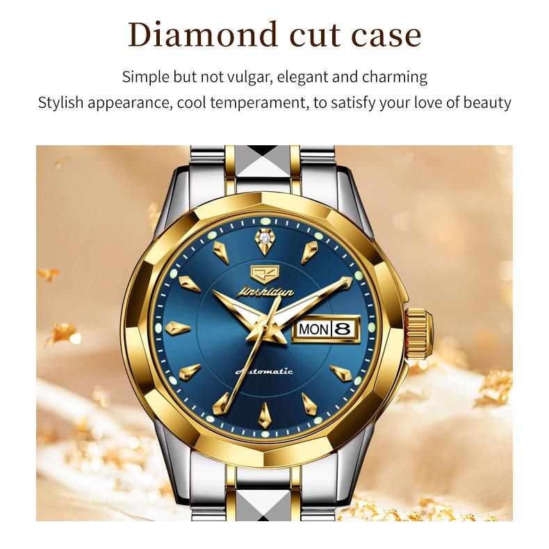 JINSHIDUN New Business and Leisure Ladies Watch Fully Automatic Mechanical Watch Tungsten Steel Double Calendar Luminous Waterproof High-end Watch