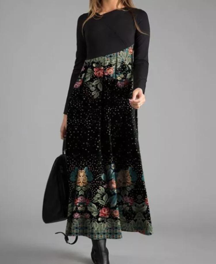 Women's Long Sleeve Black Top with Printed Maxi Skirt Dress, Bohemian Floral Geometric Pattern, Multiple Color Options