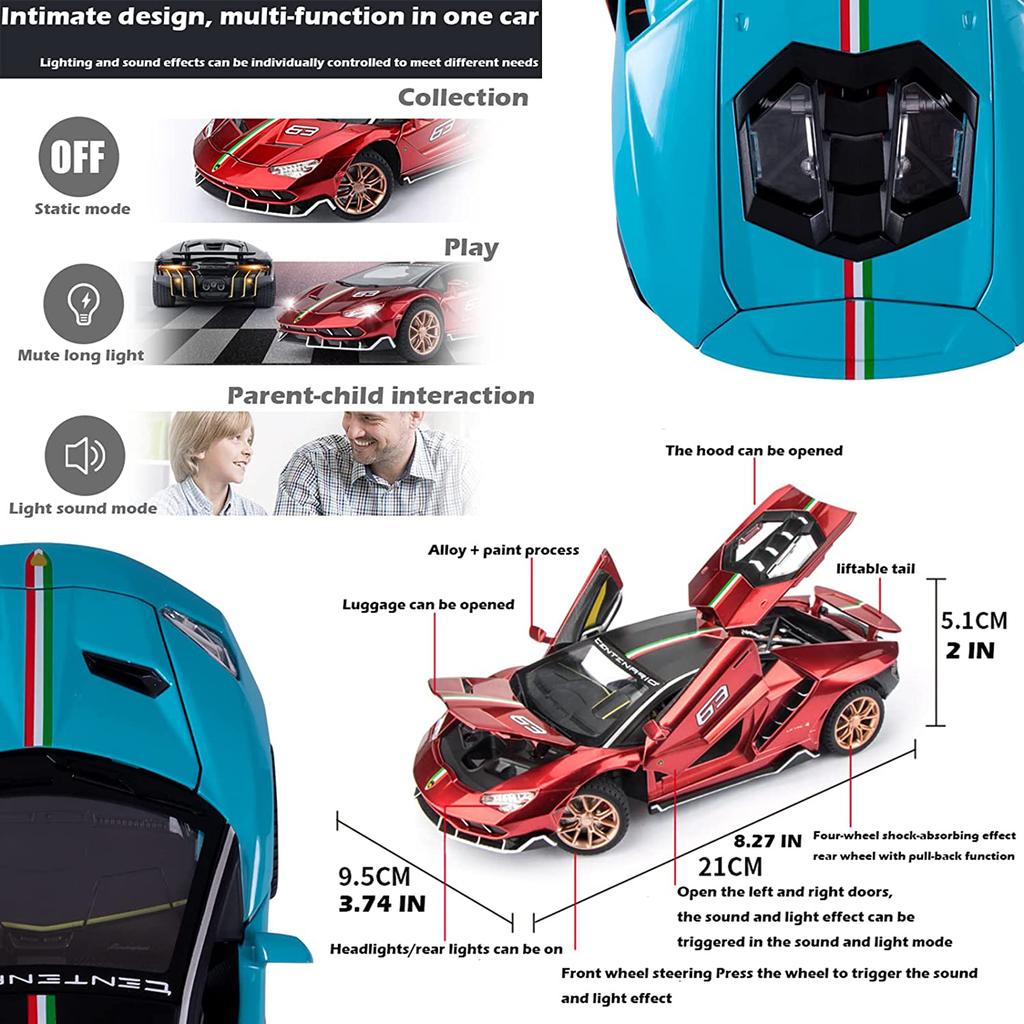 1/24 Scale LP770 Sports Racing Metal Model Diecast Car, Pull Back Vehicles with Light and Sound Toy Cars for Kids Age 3 Year and Up