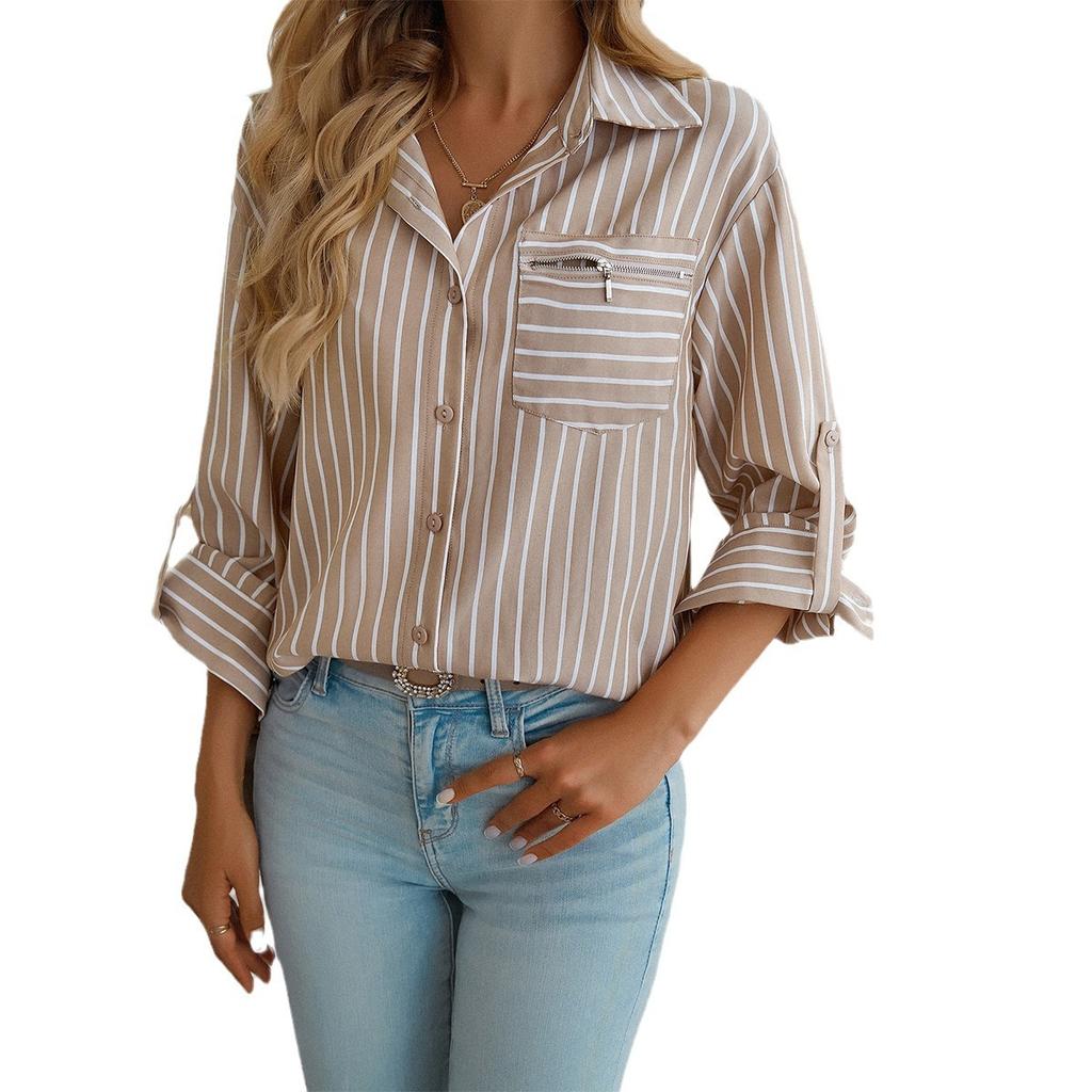 Autumn and Winter Women's Temperament Loose Button Cardigan Striped Long-sleeved Shirt