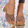 Fashion Luxury Gold Crystal Decoration Square Toe Slippers Women 2025 Summer Strange High Heels Sandals Women Sexy Slip On Party Shoes