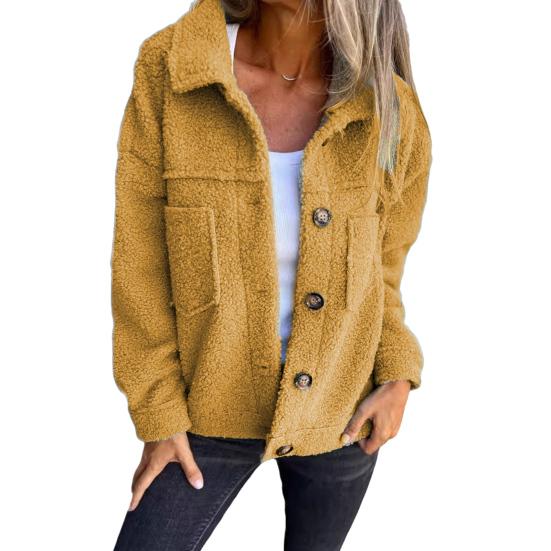 Winter Women Jacket with Double Pockets Thick Fleece Button Closure Cardigan Long Sleeves