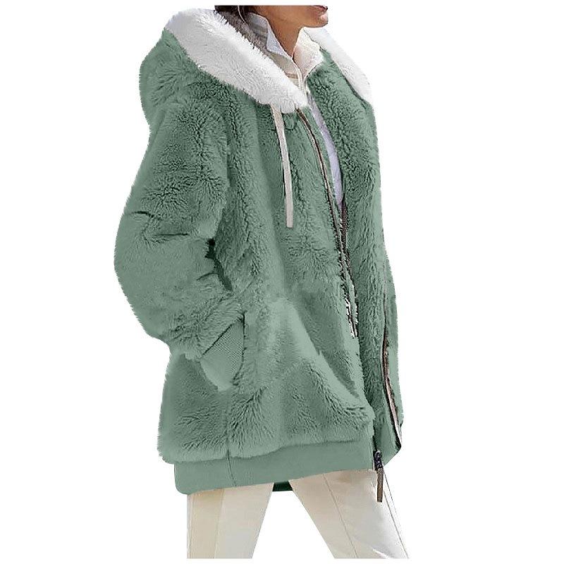 2024 Autumn/Winter Loose Plush Long Sleeve Zip Pocket Hooded Warm Coat for Women