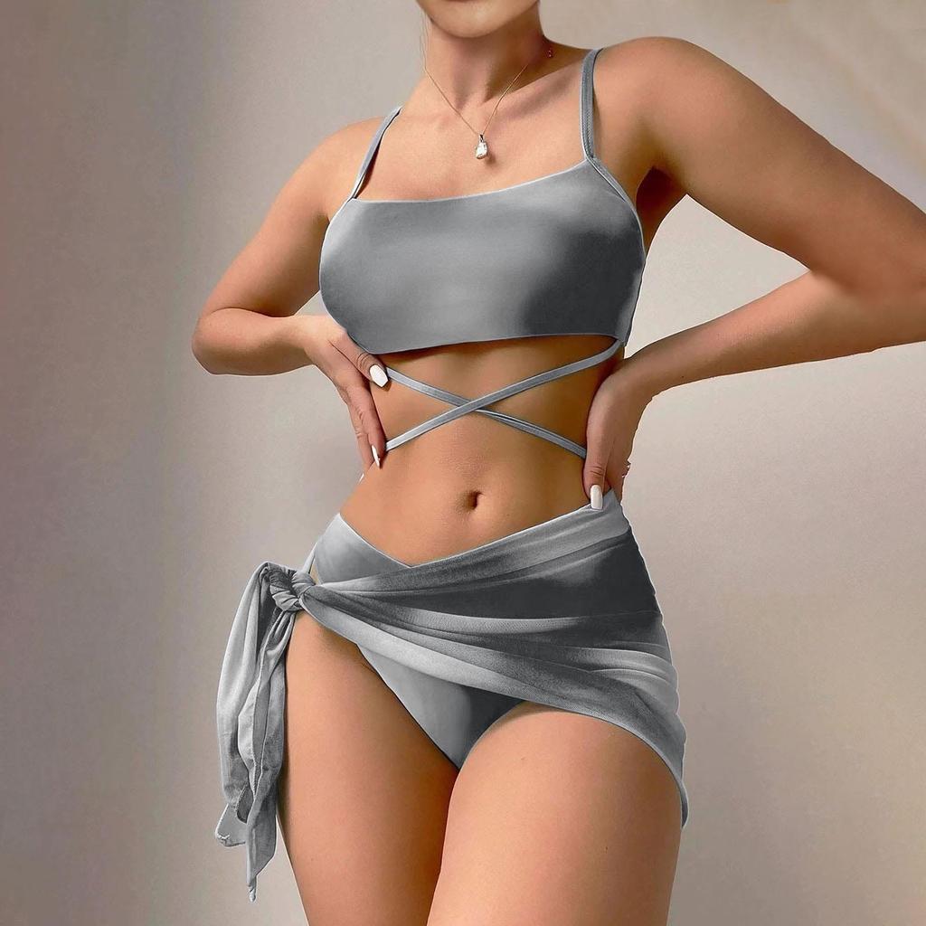 Women's Solid Color Swimsuit Women's Split Thin Strap High Waist Swimsuit Cover-up Four-Piece Set